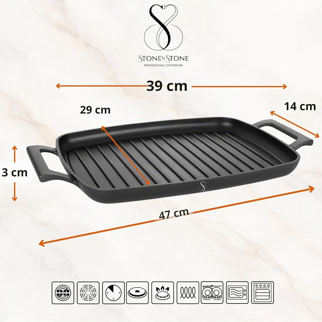 Stone&amp;Stone Rechteckige Grillpfanne, 47 cm, Steinbeschichtung, professioneller Induktionsgrill mit S