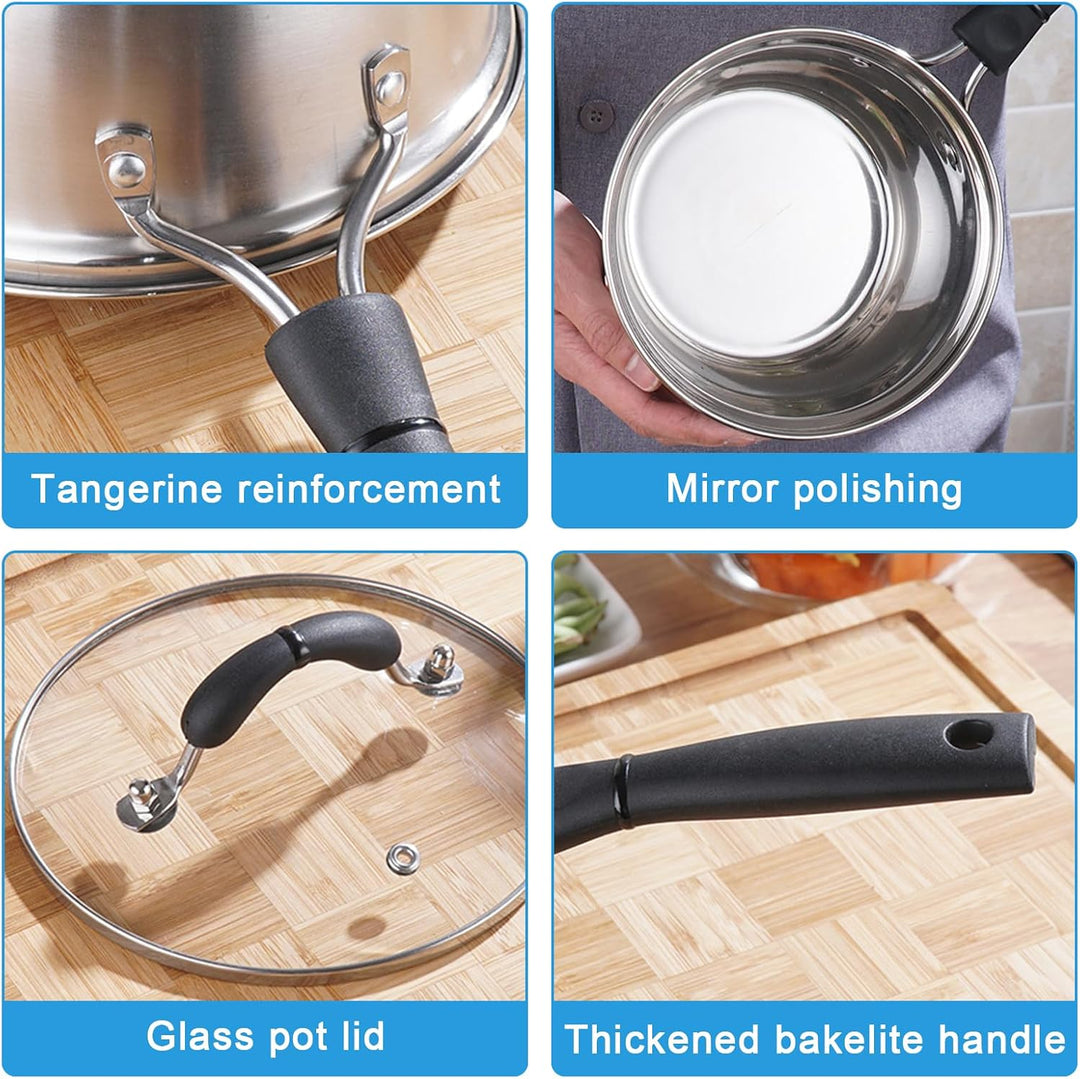 Stielkasserolle 16cm: 3-Lagen Edeastahl Milchtopf Kochtopf, 1.2L Kasserolle mit Glasdeckel und Bakel