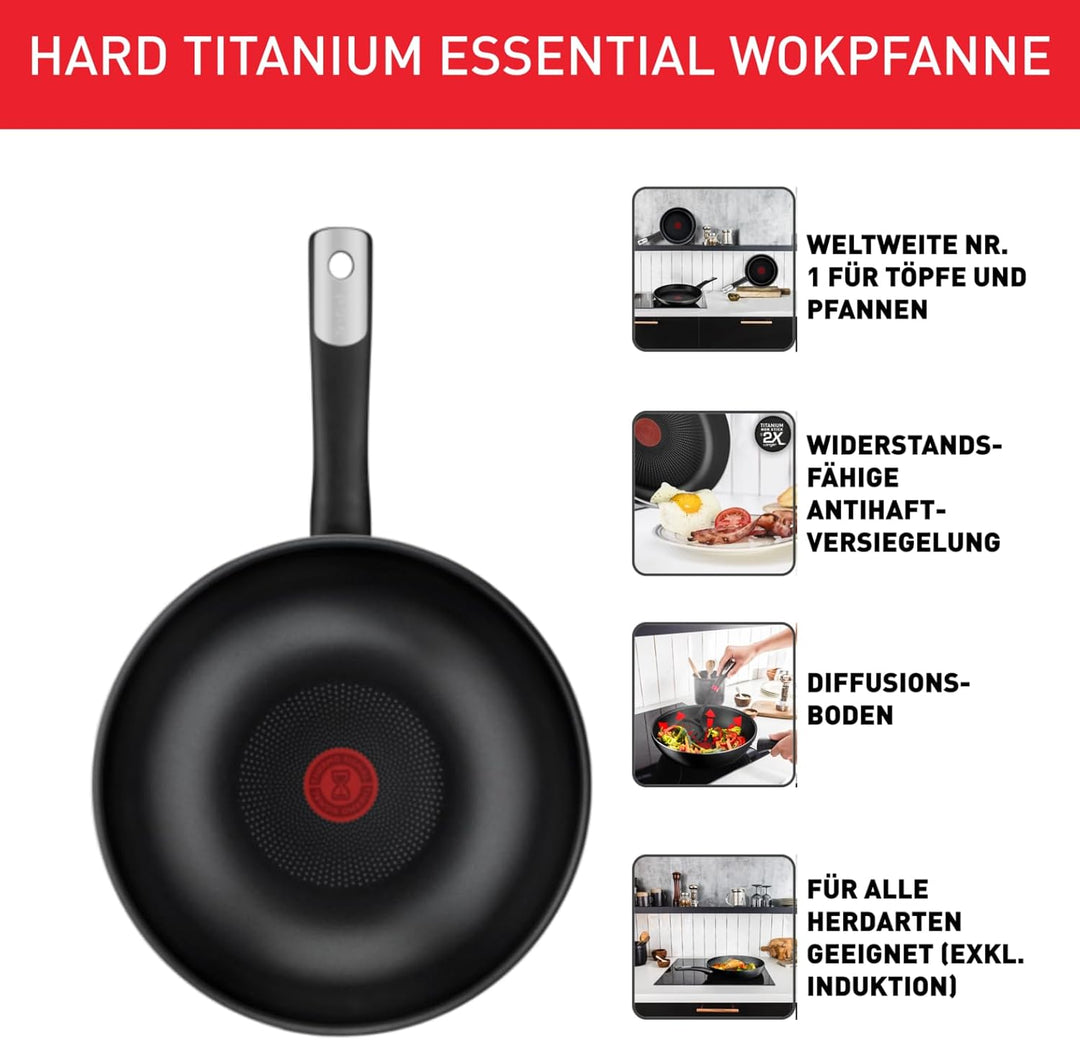 Tefal C38819 Hard Titanium Essential Wokpfanne 28 cm | Antihaftversiegelung mit Titanpartikeln | The