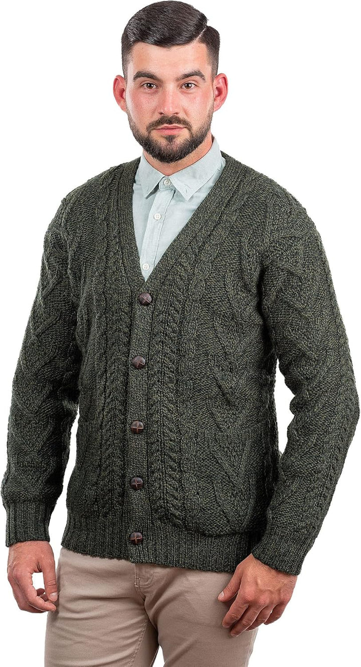 SAOL Herren Aran Irish Cable Knit Strickjacke Cardigan aus 100% Merinowolle mit V-Ausschnitt und Knö