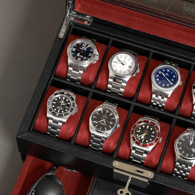 ROTHWELL Leder-Uhrenbox 10 Fächer mit Schublade, Luxus-Uhrenetui mit weichen Kissen, abschliessbarer