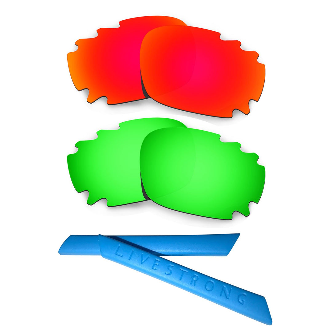 HKUCO Red/Green Polarized Replacement Lenses plus Blue Earsocks Rubber Kit For Oakley Racing Jacket