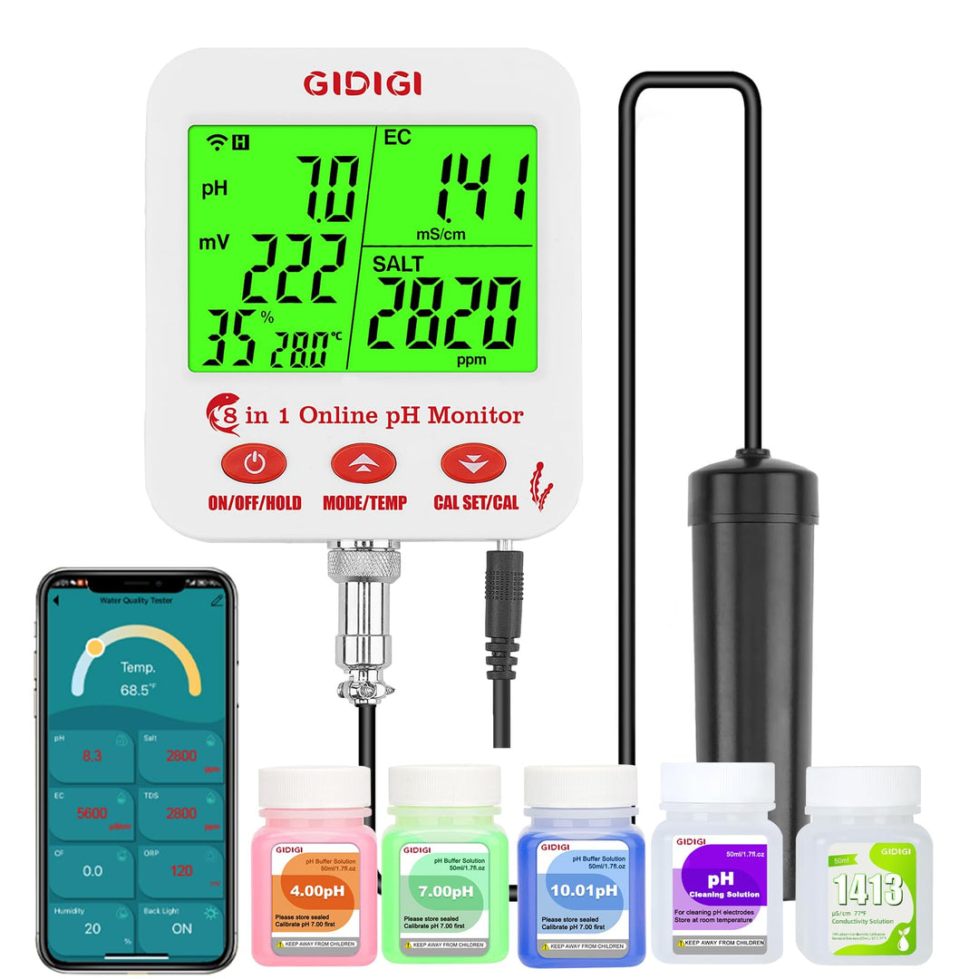 Online pH und Salzmessgerät für Aquarien mit WLAN Echtzeit pH und EC, 8-in-1 Aquarien pH Testkit, pH