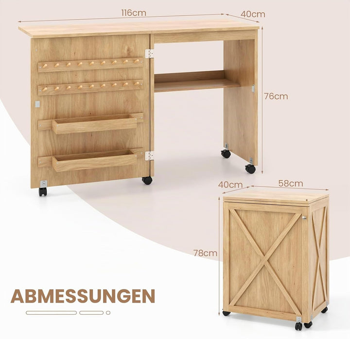 GIANTEX Nähtisch klappbar, Nähschrank auf Rollen, Nähmaschinentisch Nähtisch für Nähmaschine, Nähmas