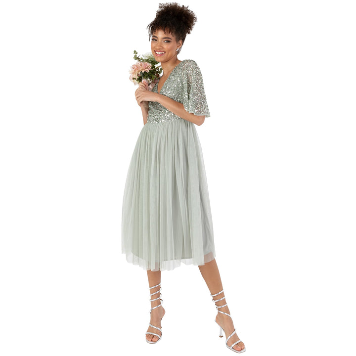 Maya Deluxe Damen Midi Abendkleid Cocktailkleid Abschlussball V-Ausschnitt Kurze Ärmel Tüllkleid Ele