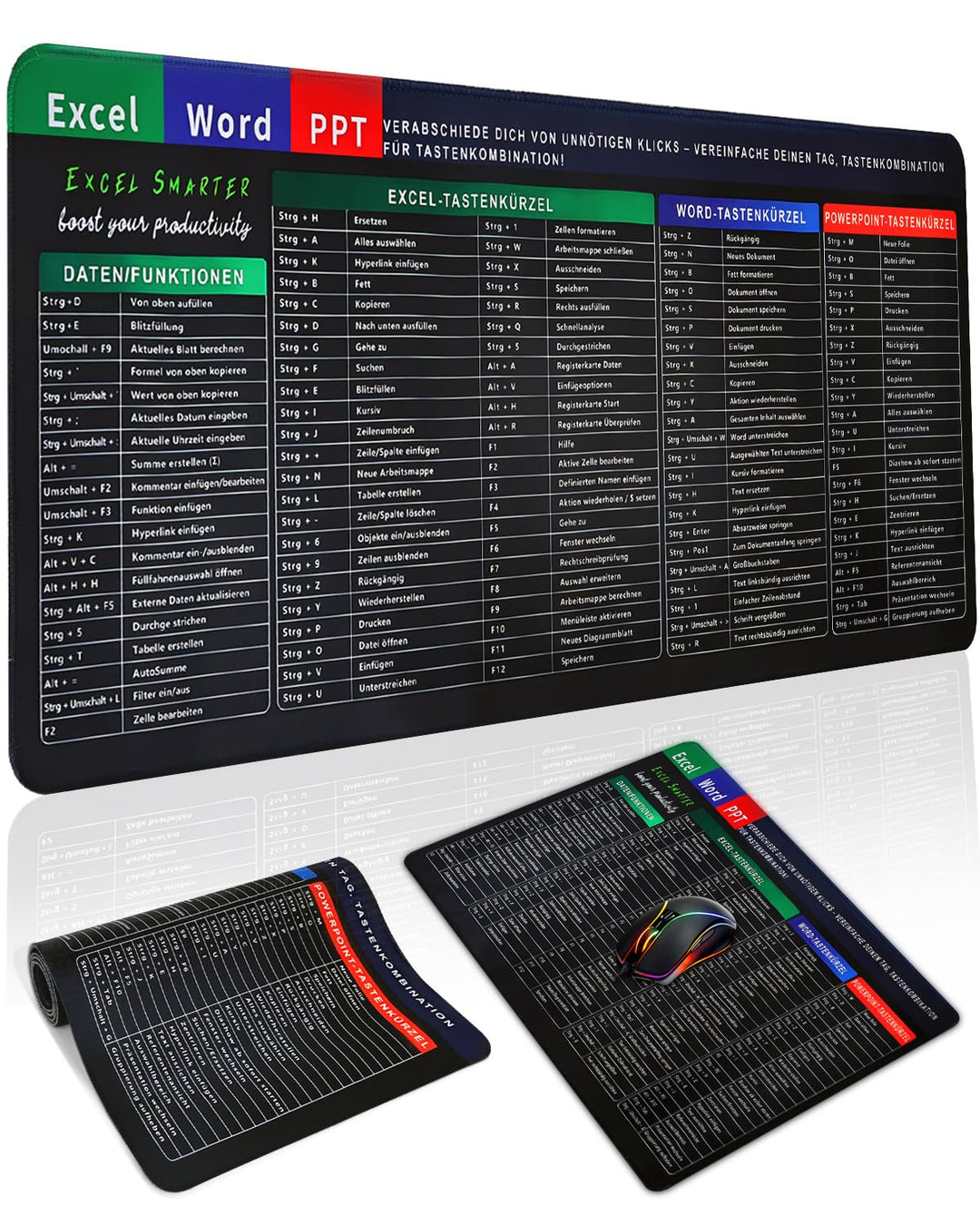 Excel Mauspad Deutsch Gross 800x300mm | Harte & Dicke Oberfläche, Starke Haftung | Glatte Gaming Mou
