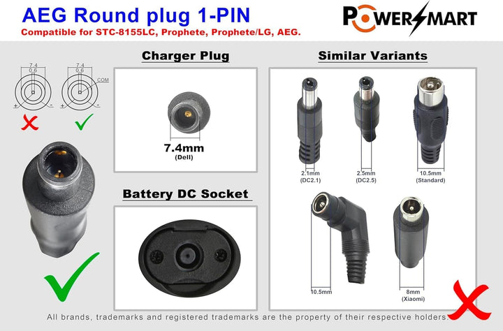 PowerSmart 4A 42V Ladegerät Ersatz für 36V AEG Akku ZZ361, mit 7,4mm Stecker, Kleiner 1-Pin