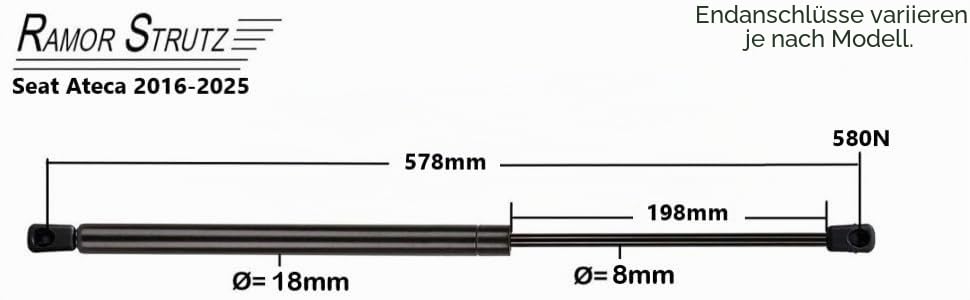 2x Gasfeder Dämpfer Heckklappe Kompatibel mit Seat Ateca 2016-2025. Gasdruckfeder Heckklappendämpfer