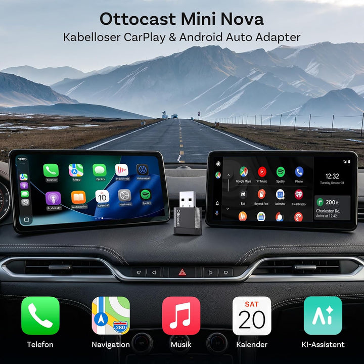 OTTOCAST Mini Nova 2-in-1 Kabelloser CarPlay Android Auto Adapter (Schwarz)