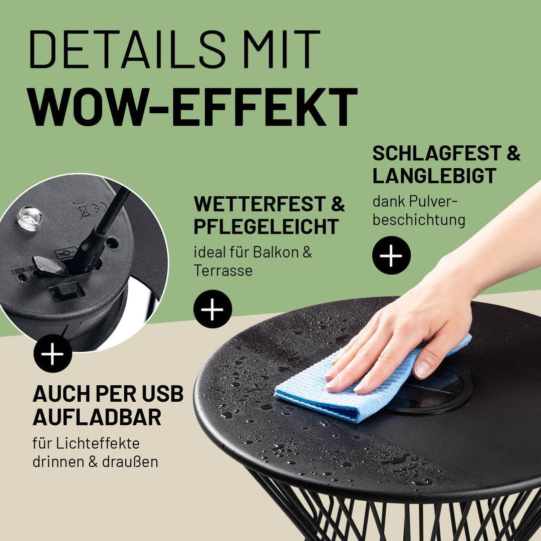 Lumaland Beistelltisch mit LED-Solarbeleuchtung | Ideal als Couchtisch, Nachttisch, Wohnzimmertisch,