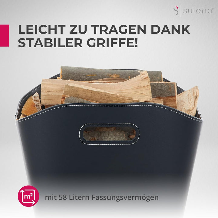 SULENO Holzkorb WEXFORD Brennholzkorb Kunstleder schwarz (XL - 46 x 40