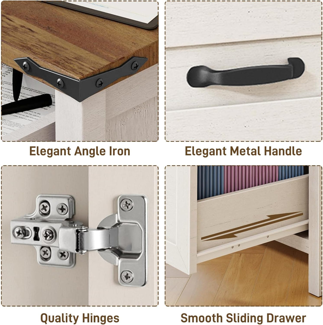 BonVache Aktenschrank mit 3 Schubladen &amp; Tür, Landhausstil Schubladenschrank aus Holz, Weisser Büros