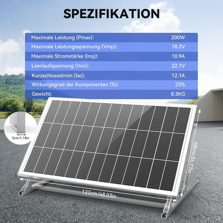 12V Solarpanel 200w Monokristallines, Solarmodul mit Hocheffizientes Aluminiumrahmen, SMBB Technolog
