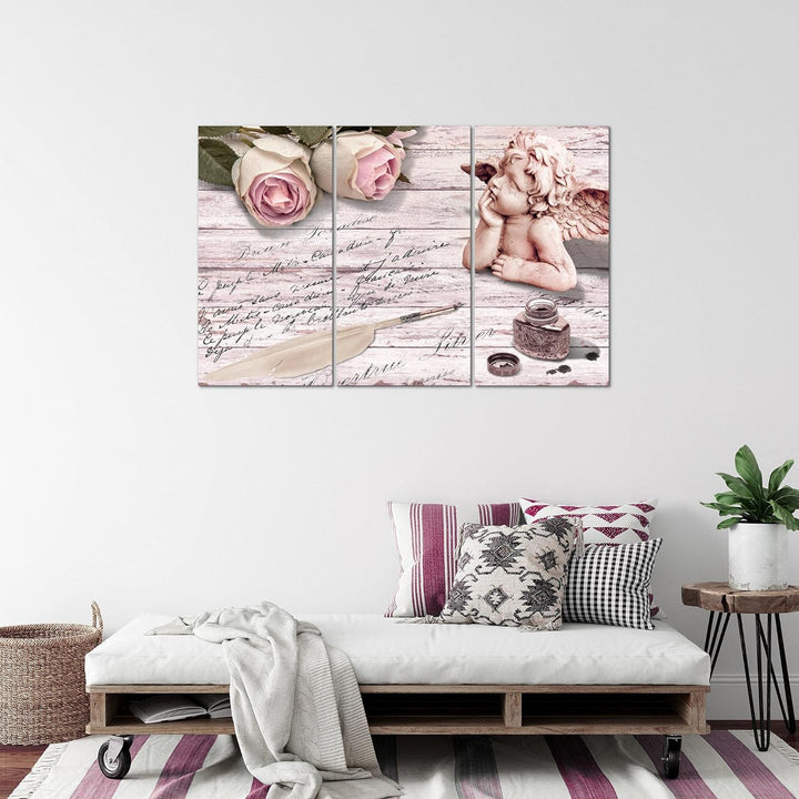 Runa Art Wandbilder Engel Blumen Bild XXL Wohnzimmer Schlafzimmer Rosa Grau Vintage 120 x 80 cm 3 Te
