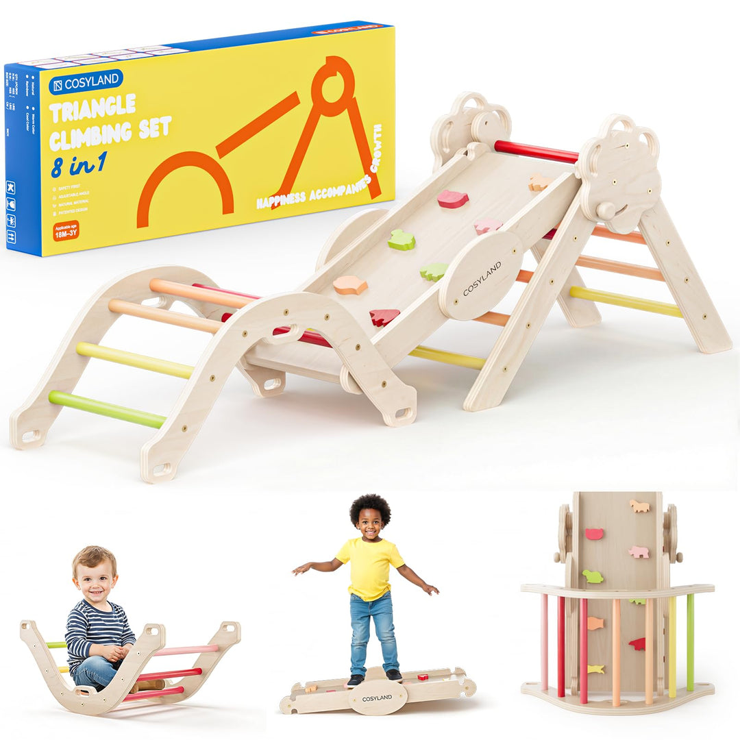 COSYLAND 8-in-1 Montessori Klettergerüst Indoor ab 1 Jahr – Kletterdreieck mit Rutsche, Kletterbogen