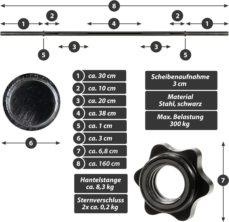 MAXXIVA Hantelstange 160 cm Langhantelstange Krafttraining Zugstange schwarz verchromt Sternverschlu