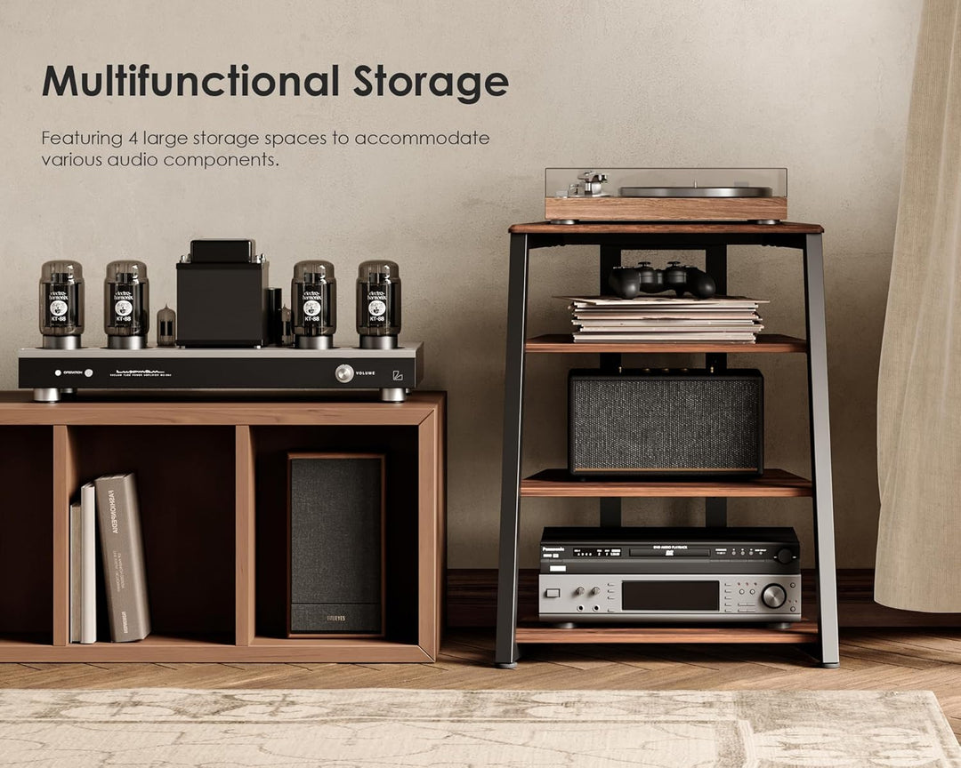 FITUEYES Design HiFi Rack aus Holz &amp; Stahl, Plattenspieler Tisch mit verstellbaren Ablage, HiFi Rega