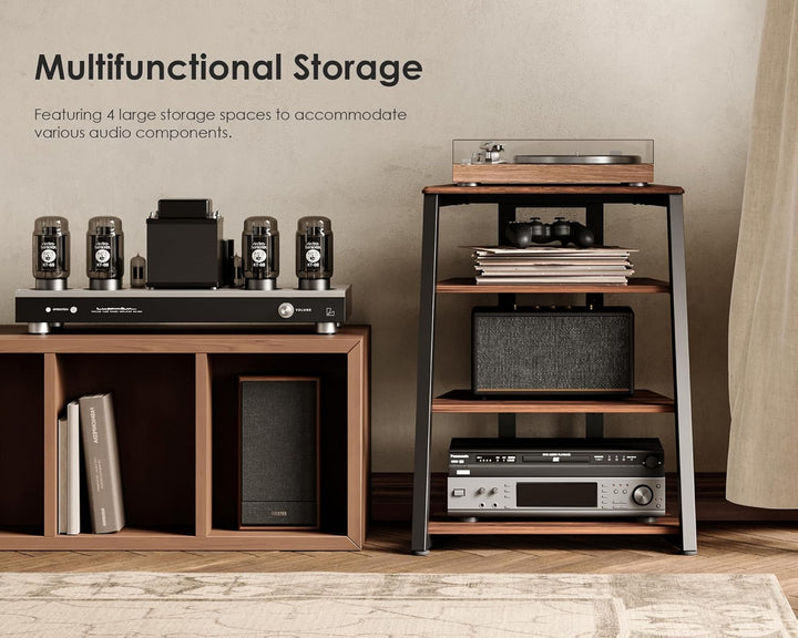 FITUEYES Design HiFi Rack aus Holz &amp; Stahl, Plattenspieler Tisch mit verstellbaren Ablage, HiFi Rega