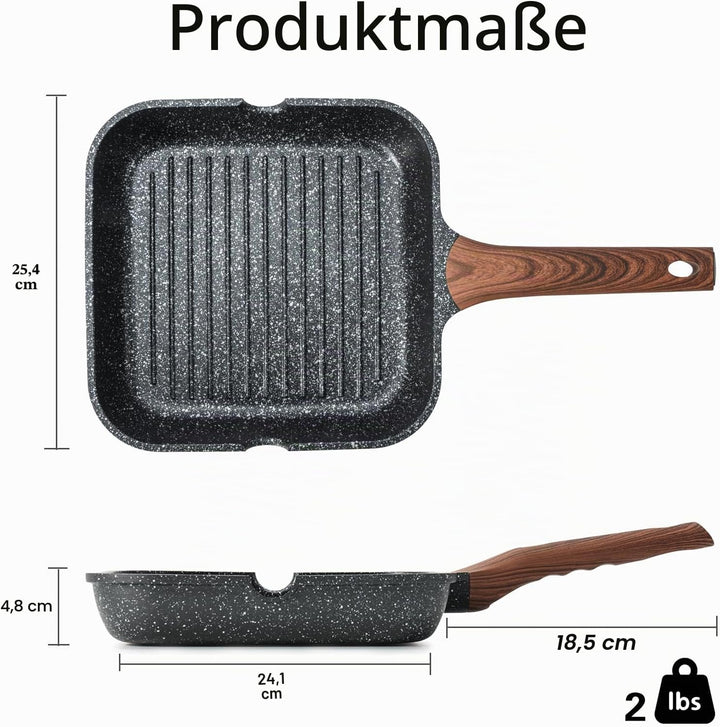 Kordisen Antihaft-Grillpfanne, 24 cm quadratische Pfanne für Induktion, Granitbeschichtung, Ausgiess
