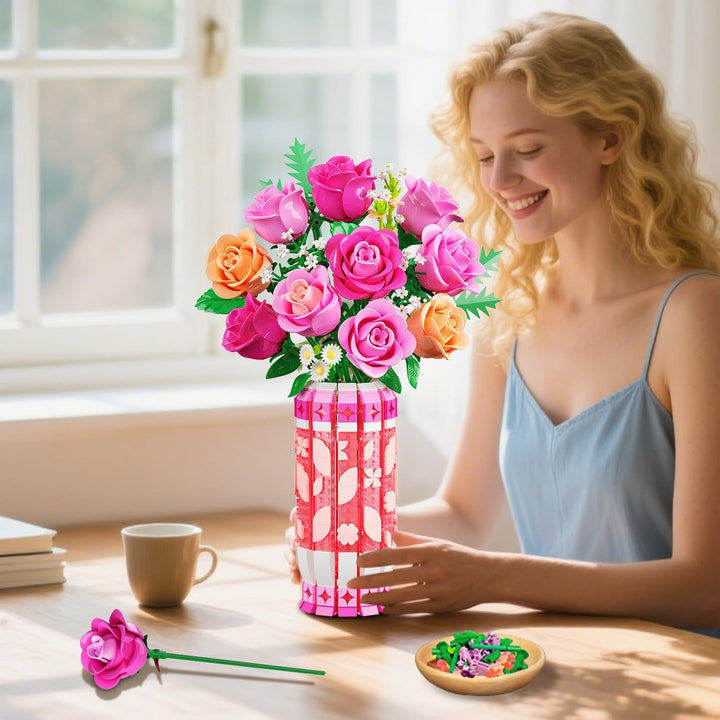 Romantischer Rosa Rosenstrauss-Bausatz mit Vase und LED-Licht, 845 PCS Blumen-Baustein-Spielzeug, Ge