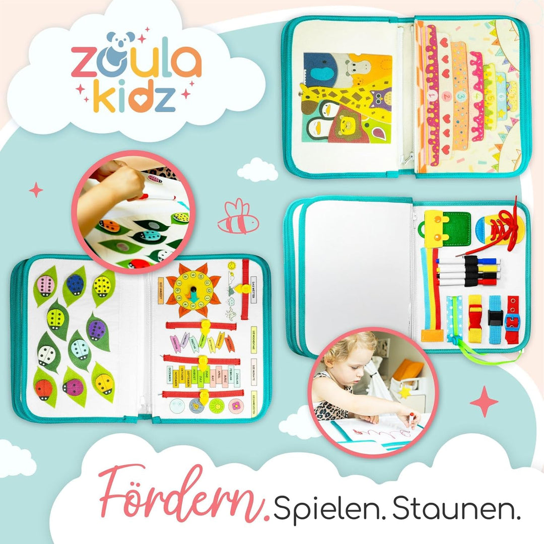 zoula kidz® Busy Board deutsch - Montessori Spielzeug ab 3 Jahre - Motorikspielzeug - Montessori Buc