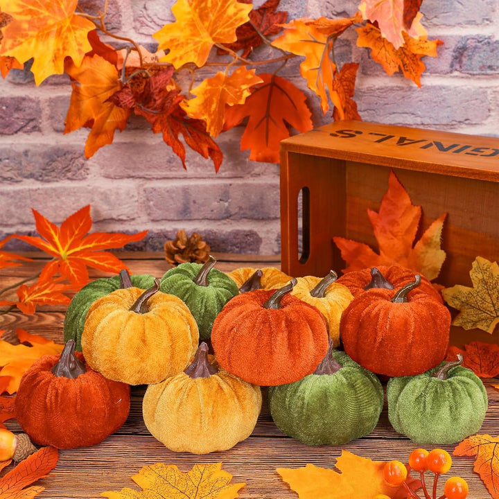 Laelfe 12er Set Samt Kürbisse (8 cm) – 4 Herbstdeko Herbst-grün, Herbst-grün