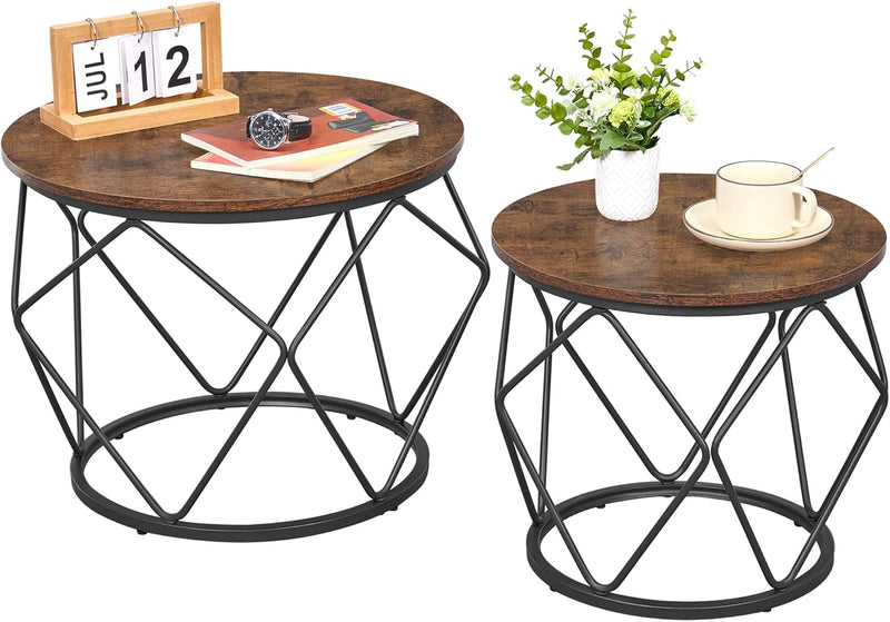 Hzuaneri Couchtisch rund, 2er Set Beistelltische, Beistelltisch-Set mit Metallrahmen, Kleiner Beiste