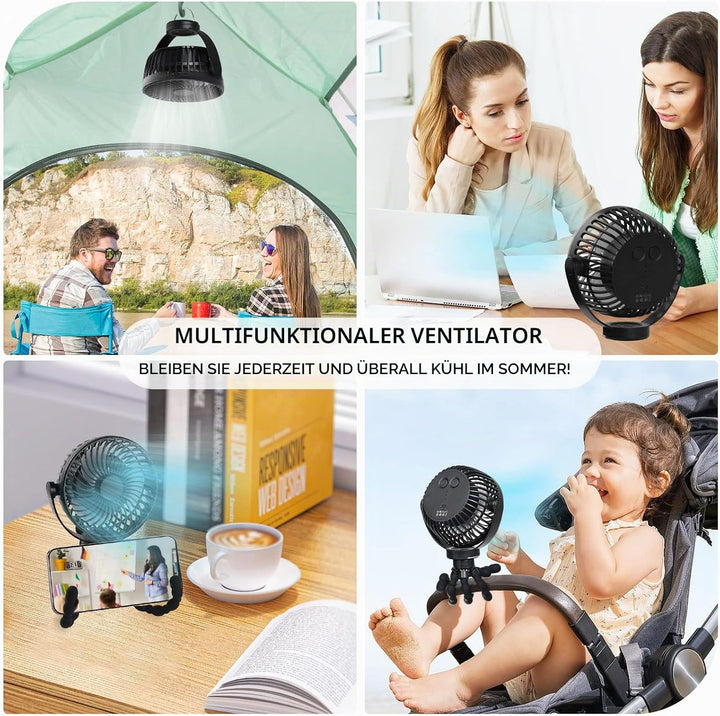 Hianjoo Kinderwagen Ventilator mit LED Leicht, 5200mAh Kleiner Tischventilator Camping Ventilator, 3