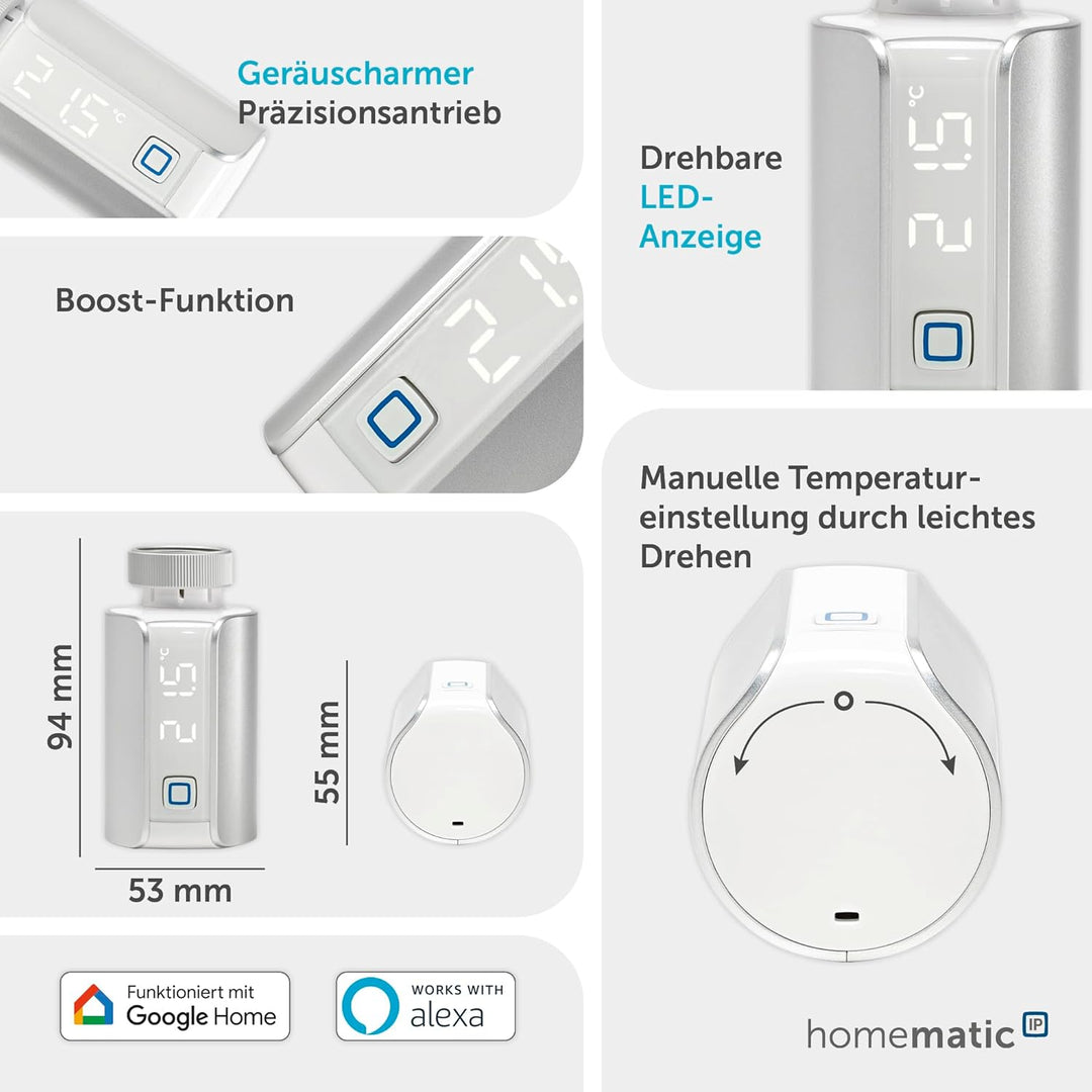 Homematic IP Smart Home Heizkörperthermostat – Evo, Silber, digitaler Thermostat Heizung, Steuerung