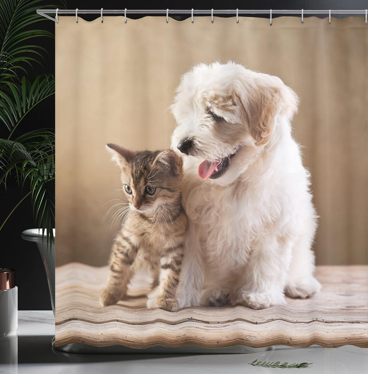 ABAKUHAUS Tier Duschvorhang, Kätzchen und Hundefreunde, Stoffliches Gewebe Badezimmerdekorationsset
