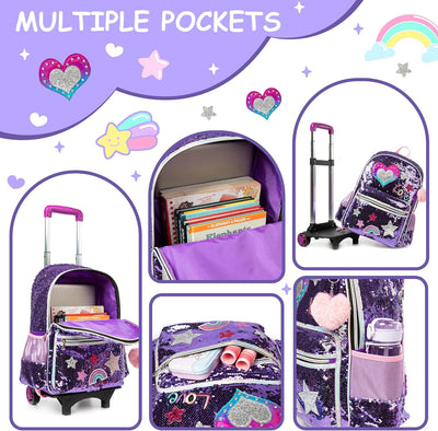 HTgroce Lila Liebe Trolley Rucksack mit Rollen, Federmäppchen, Lunch Tasche 3 in 1 Pailletten Rollin