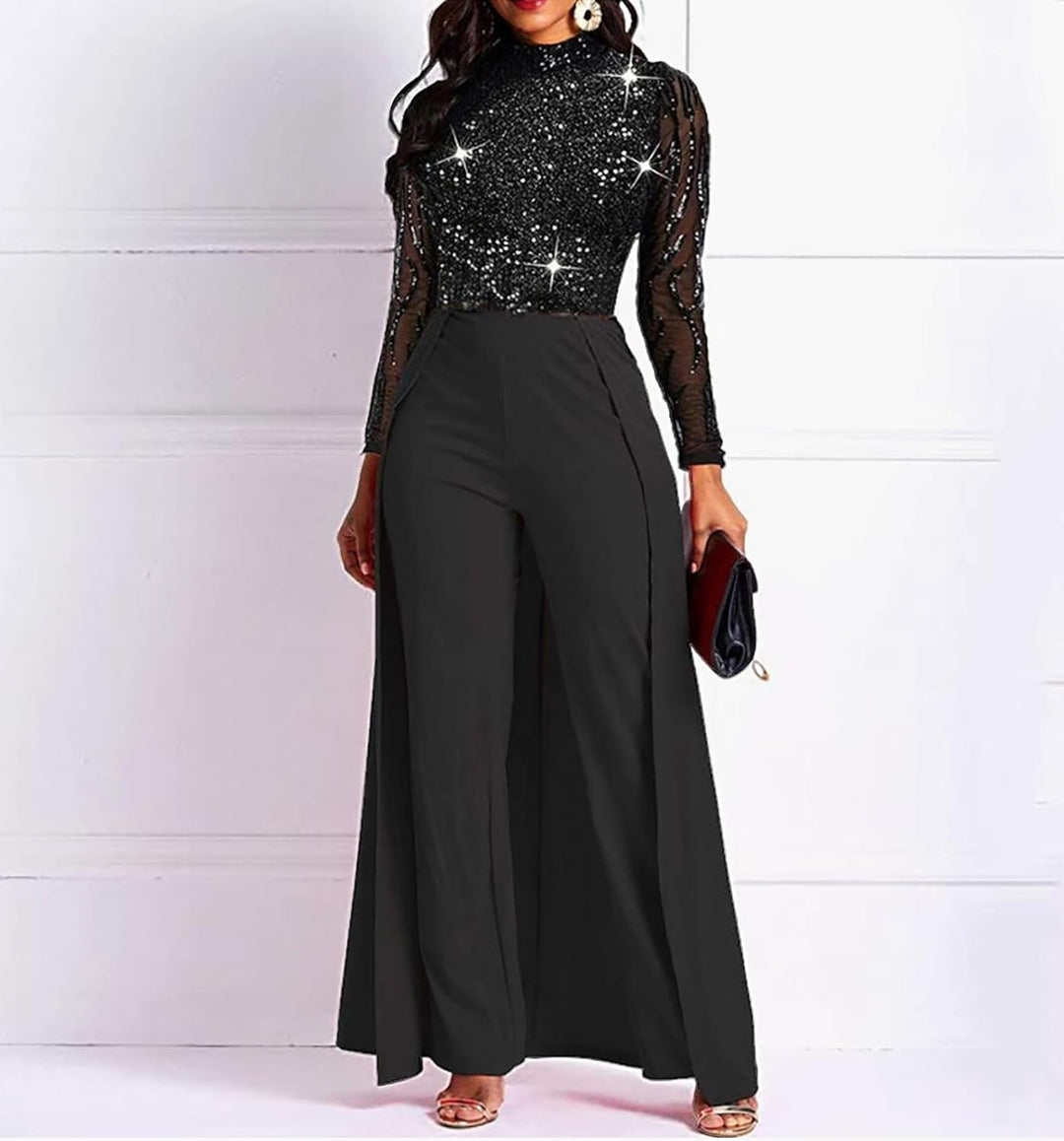 VERWIN Damen-Overall, Patchwork-Overlay, Pailletten, verziert, hohe Taille, Langarm XXL Schwarz, XXL