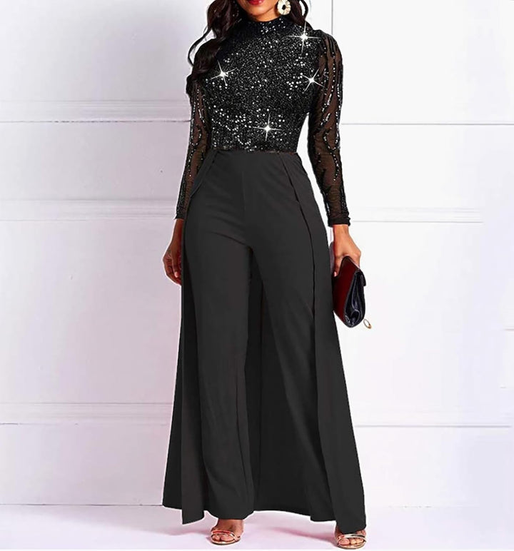 VERWIN Damen-Overall, Patchwork-Overlay, Pailletten, verziert, hohe Taille, Langarm XXL Schwarz, XXL