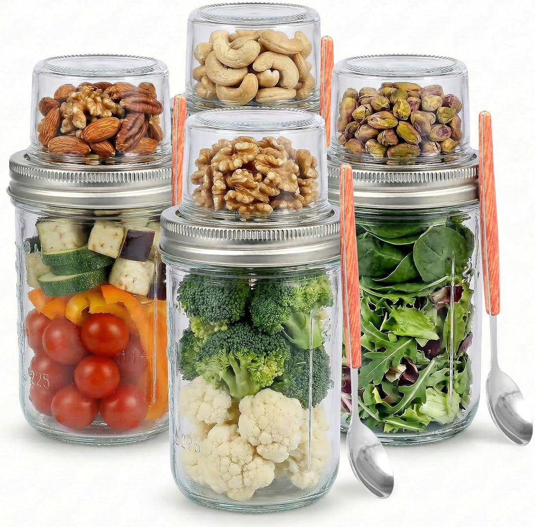 4 Stück Müslibecher To Go,500 ml + 90 ml,Doppelschicht Design,Trocken/Flüssig Trennung,Overnight Oat