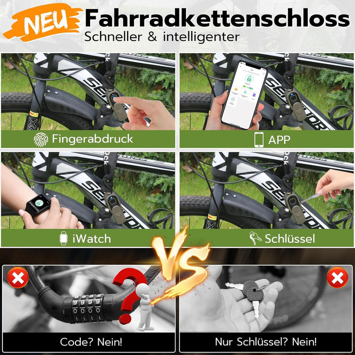 Eseesmart Fahrradschloss Fingerabdruck mit Schlüssel, 8mm 1000mm Lange Kettenschloss Fahrradschloss