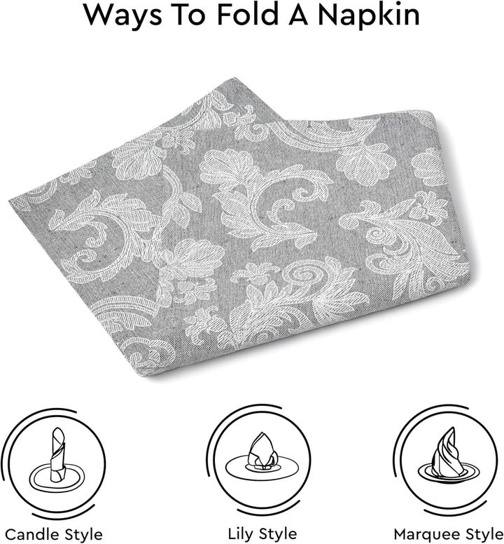 Encasa XO Esstisch Servietten Set von 12 I Grösse 45x45 cm I Blumen Grey Jacquard -Stil Druck Auf Ha