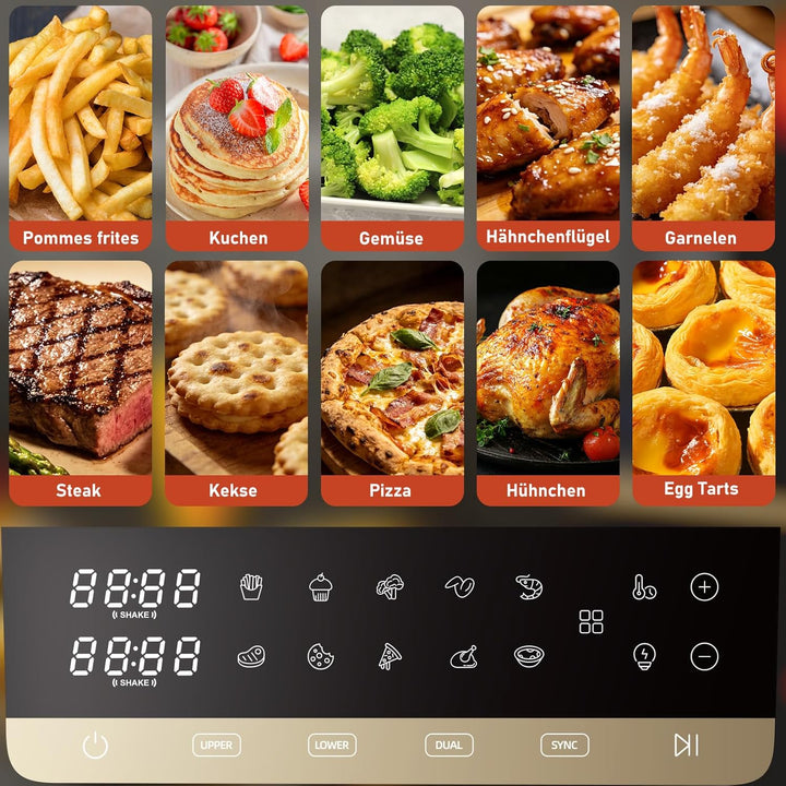 Heissluftfritteuse 2 Kammern, 10L Airfryer (3.5+6.5L) 10-in-1 vertikale Doppelkammer mit Dual & Sync