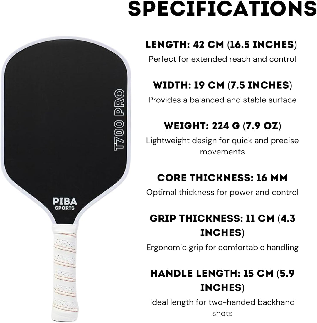 PRO Pickleball Schläger – T700 Carbon, 16mm Honeycomb, Angeraute Oberfläche für Top Spin, Verlängert