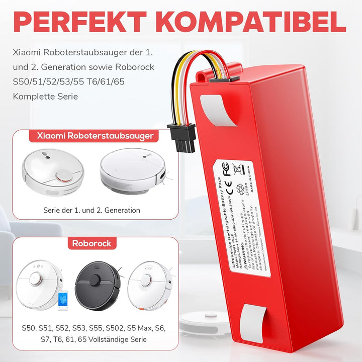 14.4V 6900mAh Ersatz Akku für Xiaomi Roborock S4 S5 S6 S7 S8 S50 S51 S52 S53 S55 S502 Max/MaxV/MaxV