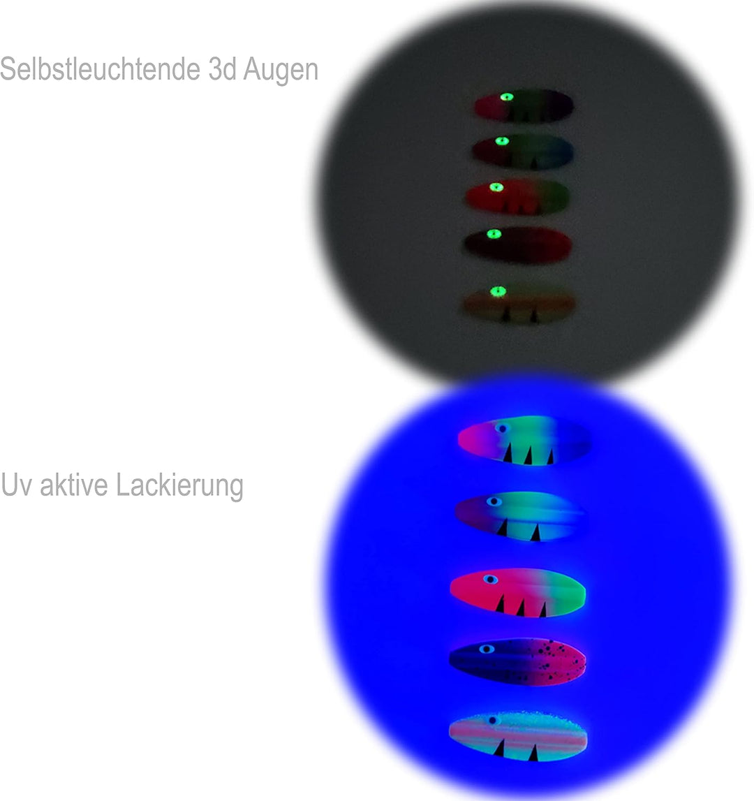 Njord Kalastus Durchlaufblinker Set in Box 3,9g | Inline Spoon Forelle UV Aktiv und Selbstleuchtende