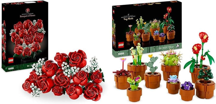 LEGO 10328 Icons Rosenstrauss, künstliche Blumen als Zimmer-Deko & Icons Mini Pflanzen, 9 künstliche