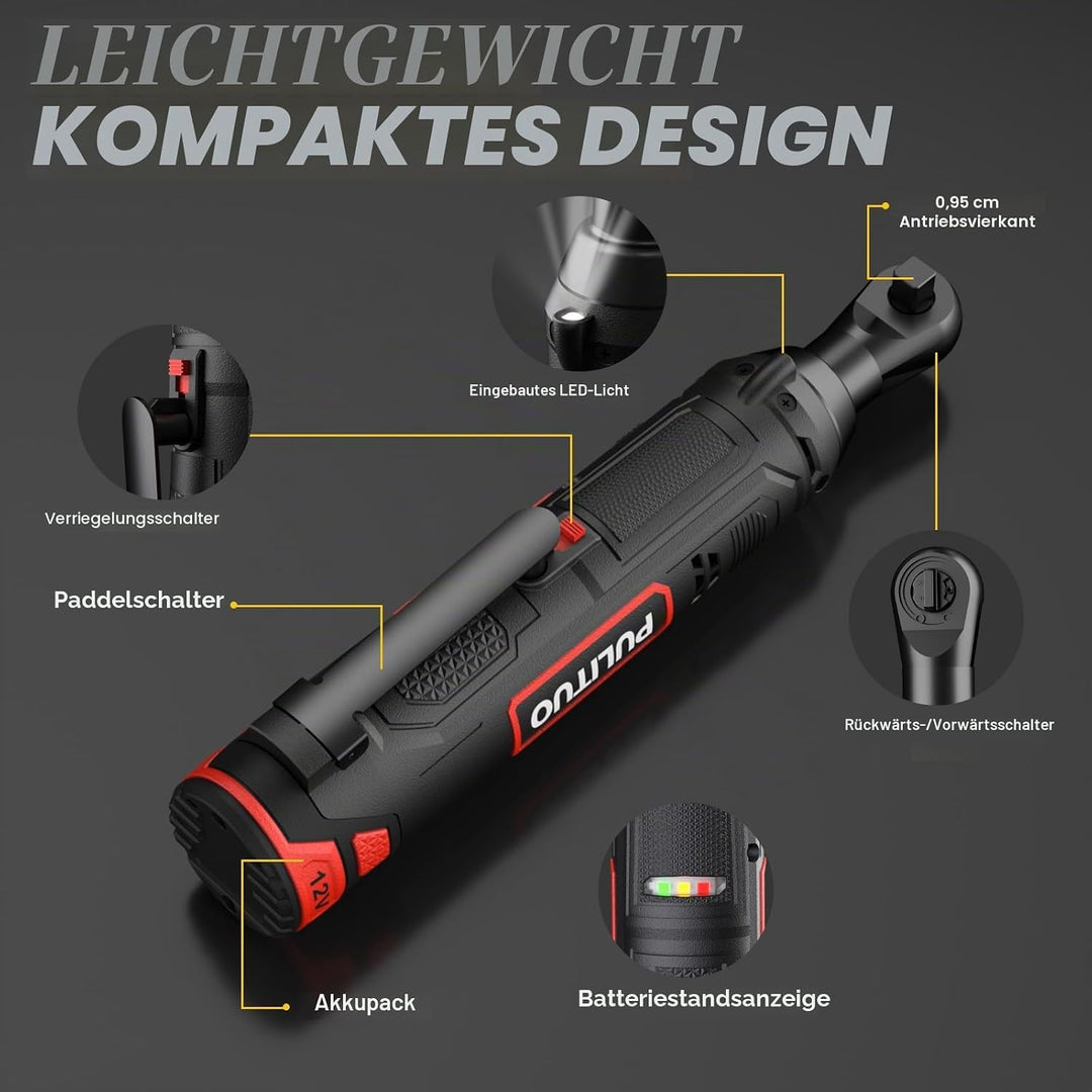 PULITUO Elektrische Ratschenschlüssel Set, 12V Akku Ratschenschlüssel 3/8" mit 2pcs 2000mAh Akkus un