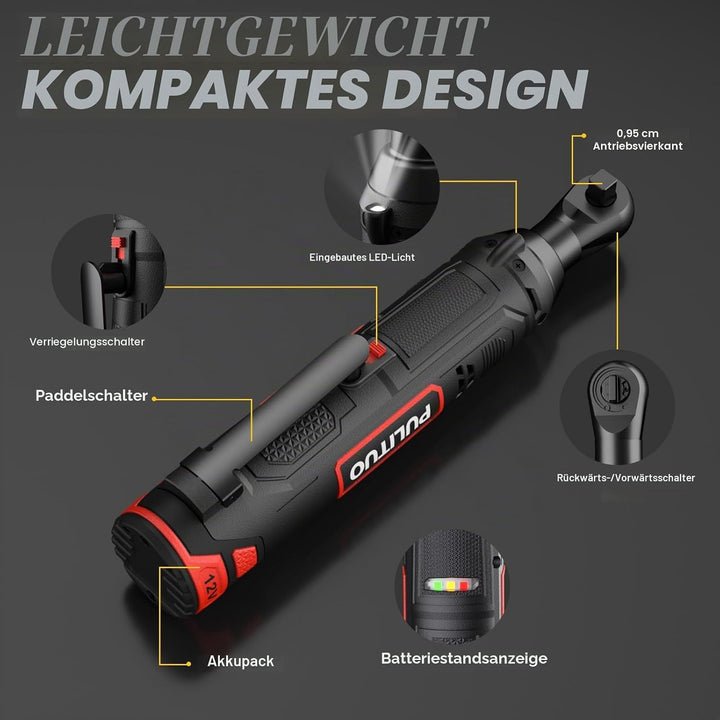 PULITUO Elektrische Ratschenschlüssel Set, 12V Akku Ratschenschlüssel 3/8" mit 2pcs 2000mAh Akkus un