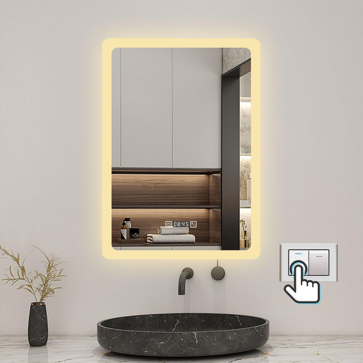 50x70cm LED Badspiegel mit Uhr,Touch,Beschlagfrei,Badspiegel mit Beleuchtung,Badezimmerspiegel mit 3