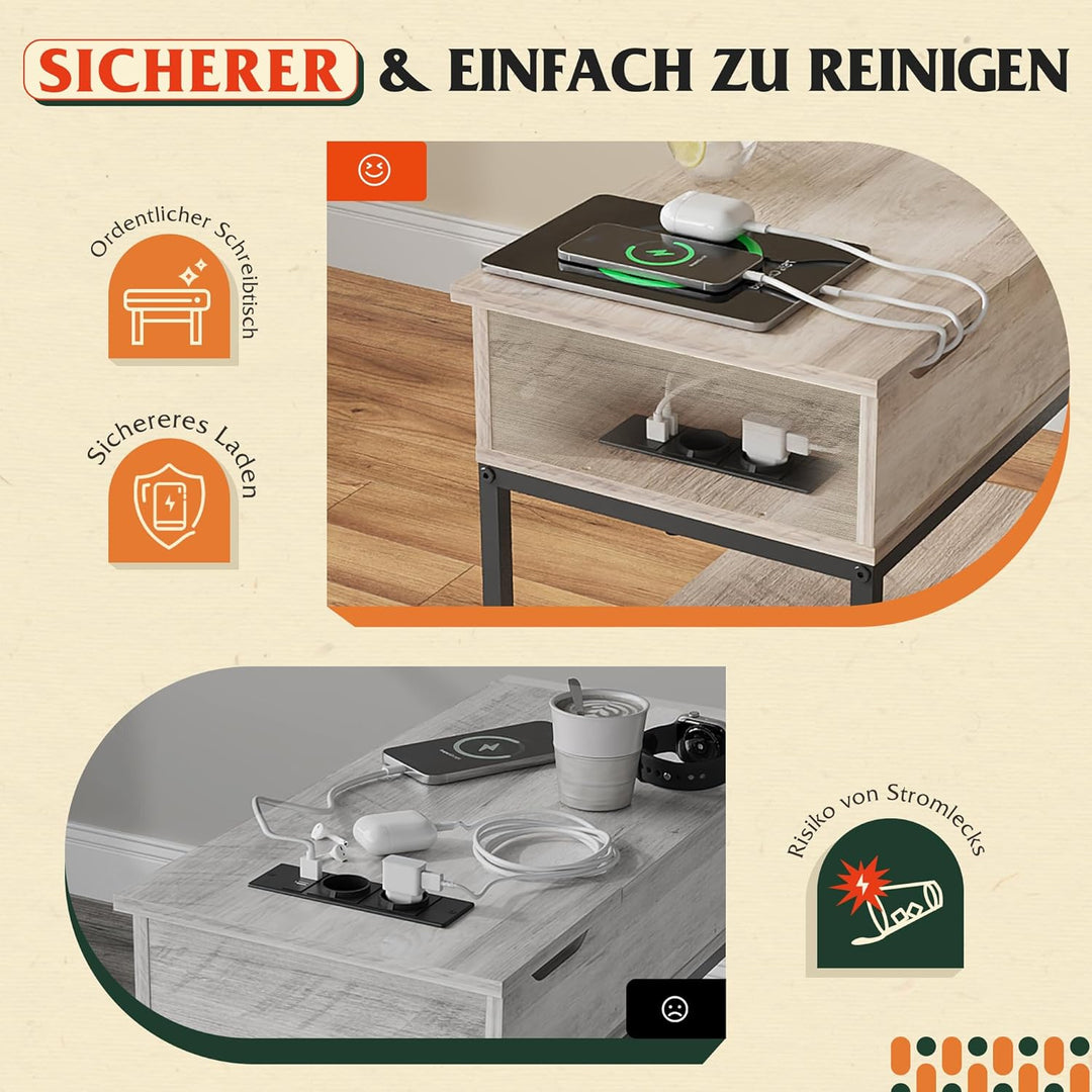WLIVE Beistelltisch mit Steckdose, 3 Etagen Nachttisch mit Stauraum, 2 AC-Anschlüsse, 2 USB-Anschlüs
