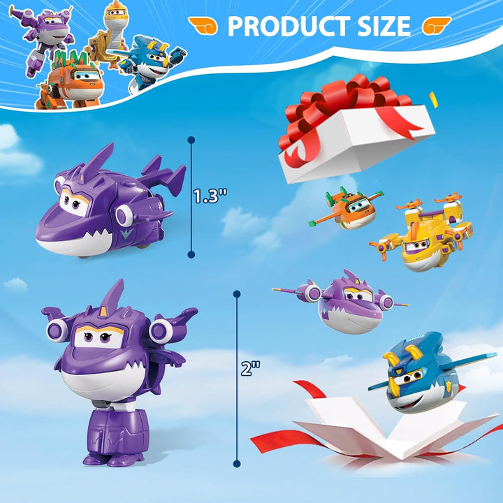 Super Wings Transforming Figuren 4 Pack, 5 cm Sally, Steggo, Trico &amp; Brachy, Roboter zu Flugzeug, Sp