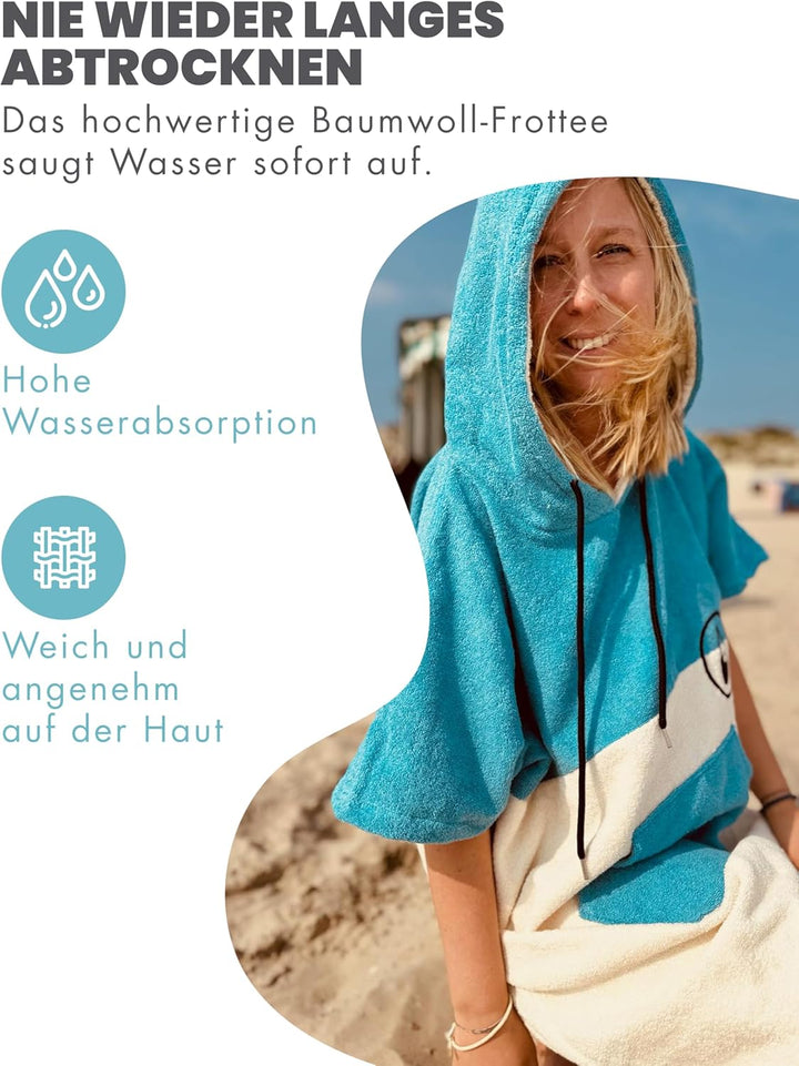WAVE HAWAII Poncho Lagos Surfponcho 100% Baumwolle für Körpergrössen von 155-185 cm Umkleidehilfe fü