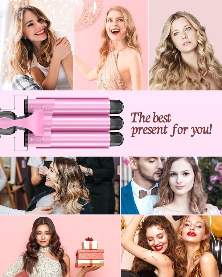 25 mm Welleneisen Haare, 3 Fässer Beach Wave Lockenstab, Keramik Lockeneisen mit 2 Temperaturen 150-