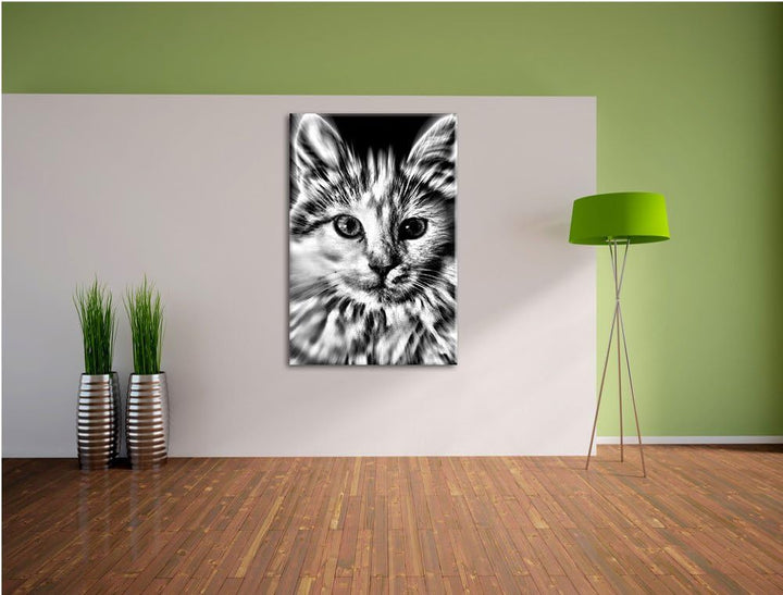 Monocrome, anmutige Katze, Format: 100x70 auf Leinwand, XXL riesige Bilder fertig gerahmt mit Keilra