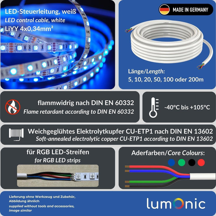 Lumonic 4x 0,34mm² LED Steuerleitung weiss 10m I ummanteltes 4 adriges Kabel flexibel I Geschirmtes